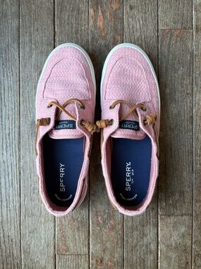Sperry Canvas Boat Shoes in Light Pink with Tan Laces